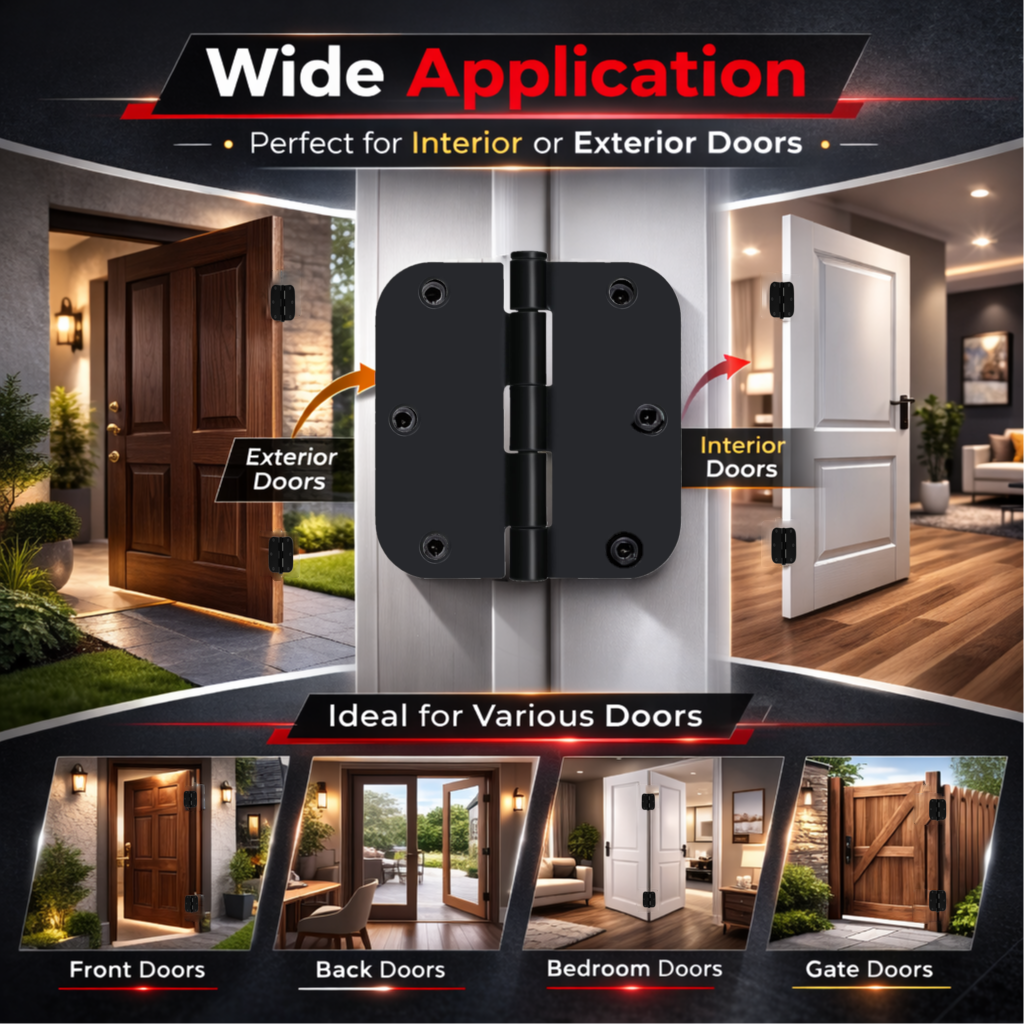 Door Hinges 3.5 Inch Rounded Matte Black 5/8" Radius Interior Flat Iron Bifold Residential Standard Bedroom Indoor Hardware  (2 Pcs)